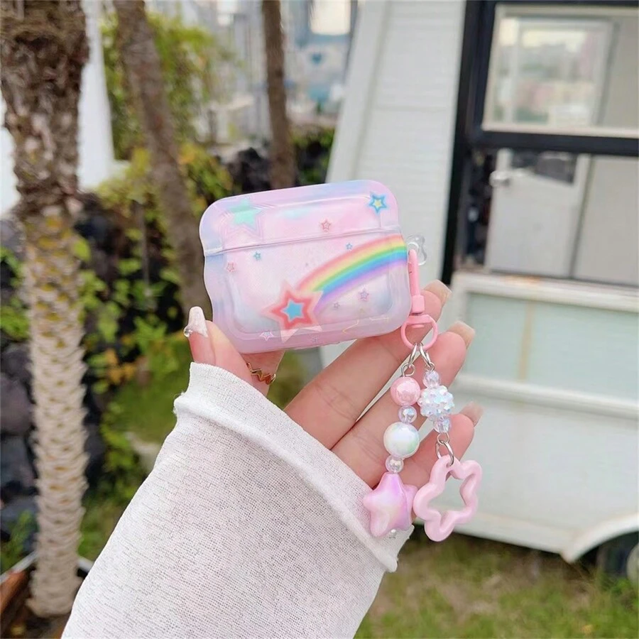 Star & Rainbow Patterned Earphone Case With Pendant, Compatible With Airpods Earphones (case Only, Not Include Earphones)