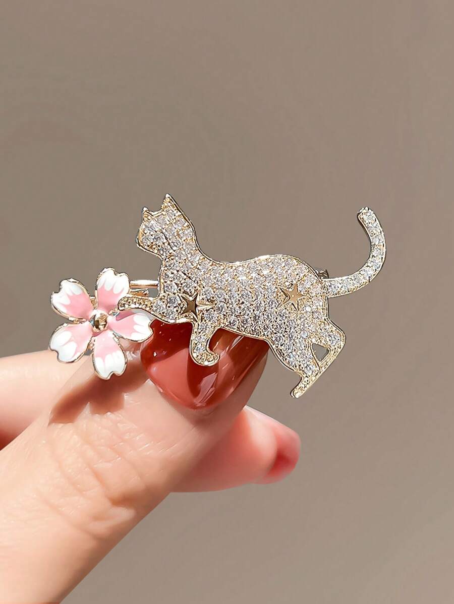 Luxurious Sakura Cat Shaped Brooch For Women, Cute Design As Collar Pin On Suit Dress Accessories Pin For Clothes Bag Charm School