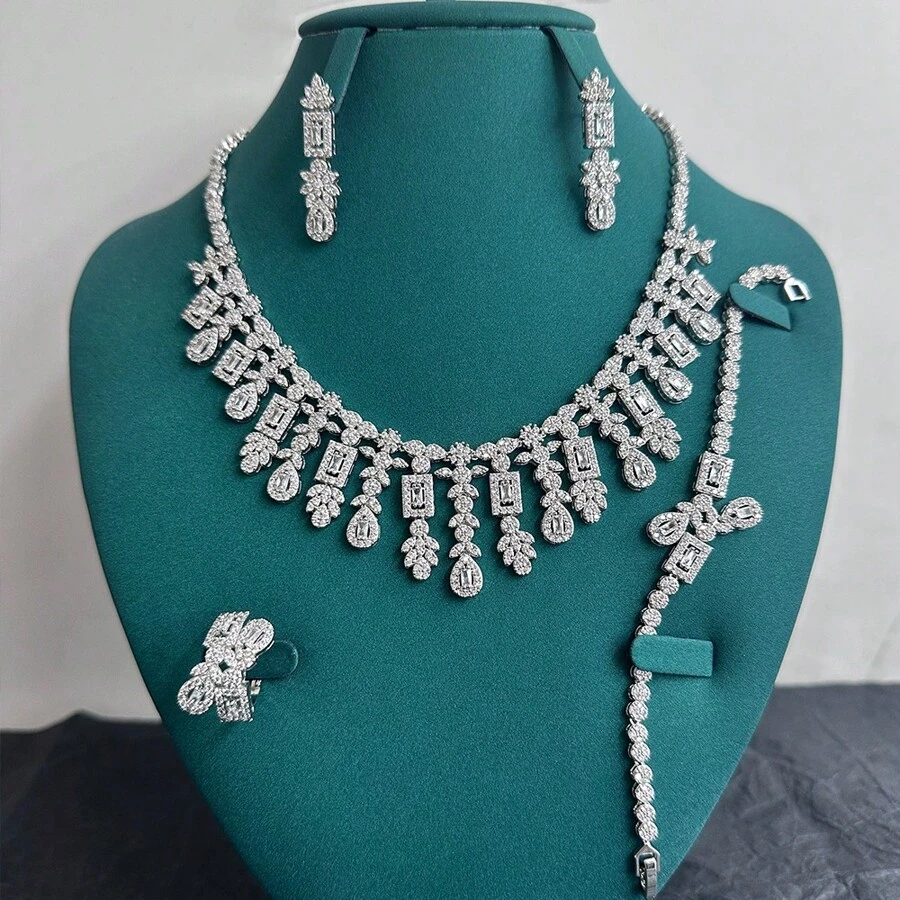 Ensemble De Collier, Boucles D'oreilles, Bague Et Bracelet Pour Femme, Ensemble De 4 Pièces/ensemble En Zircone Cubique De Style Européen Et Américain Pour Robe De Mariée Et Dîner De Mariage