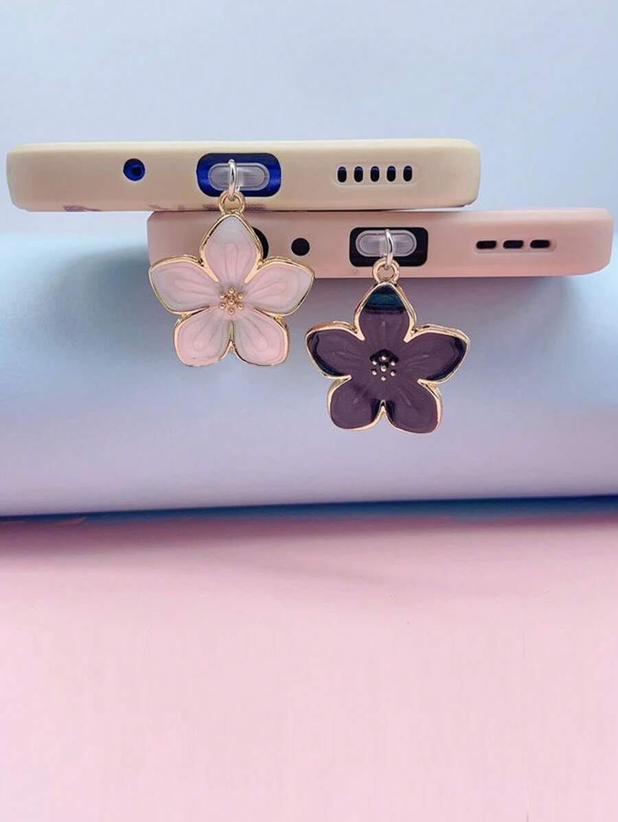 2pcs Black & Pink Cherry Blossom Shaped Dust Plug For Mobile Phone Charging Port