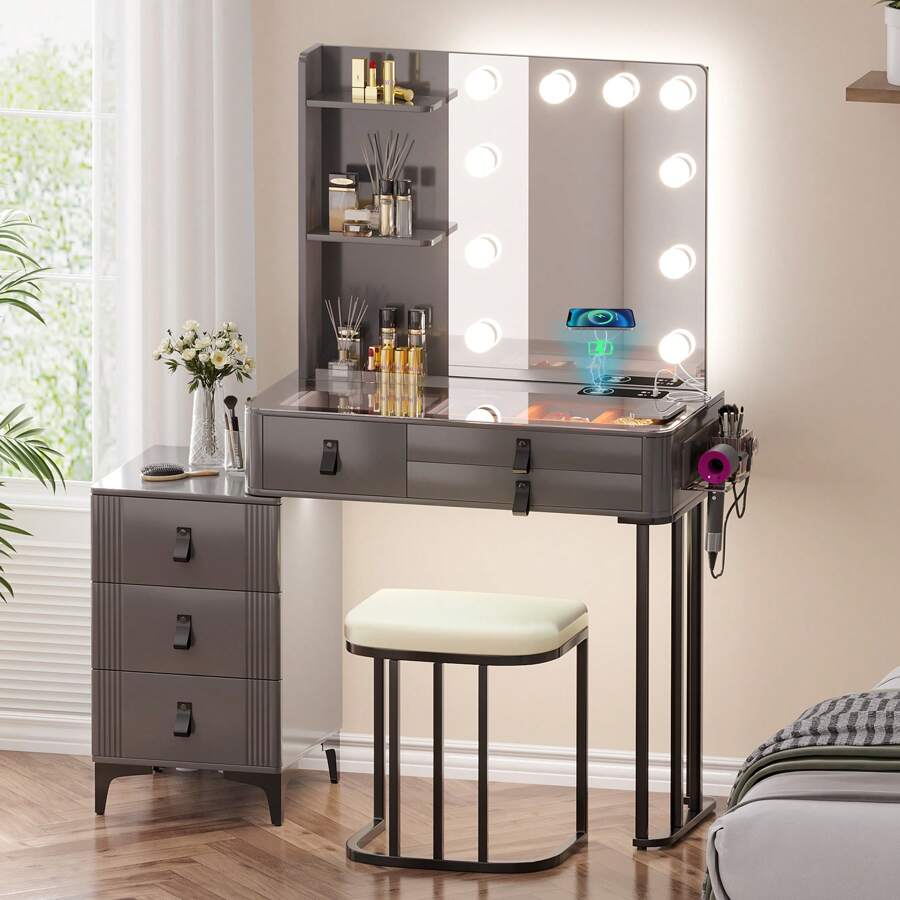 Gurexl Vanity Desk with Wireless Charging Station, Dressing Table with Lighted Mirror & 3 Lighting Modes Adjustable Brightness, Glass Top Makeup Vanity Table Set with 6 Drawers & Stool