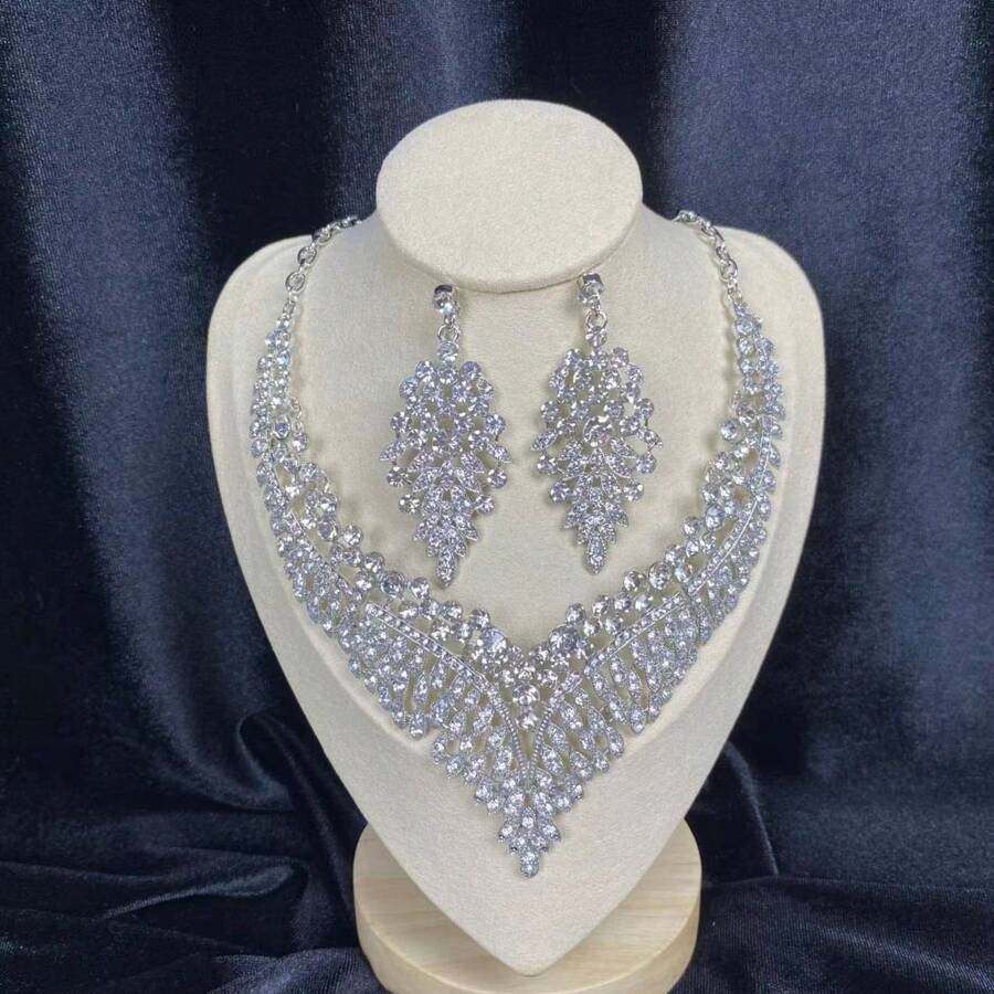 2pcs Women's Necklace And Earrings Set, Elegant And Gorgeous Jewelry With Rhinestone For Wedding, Party, Prom