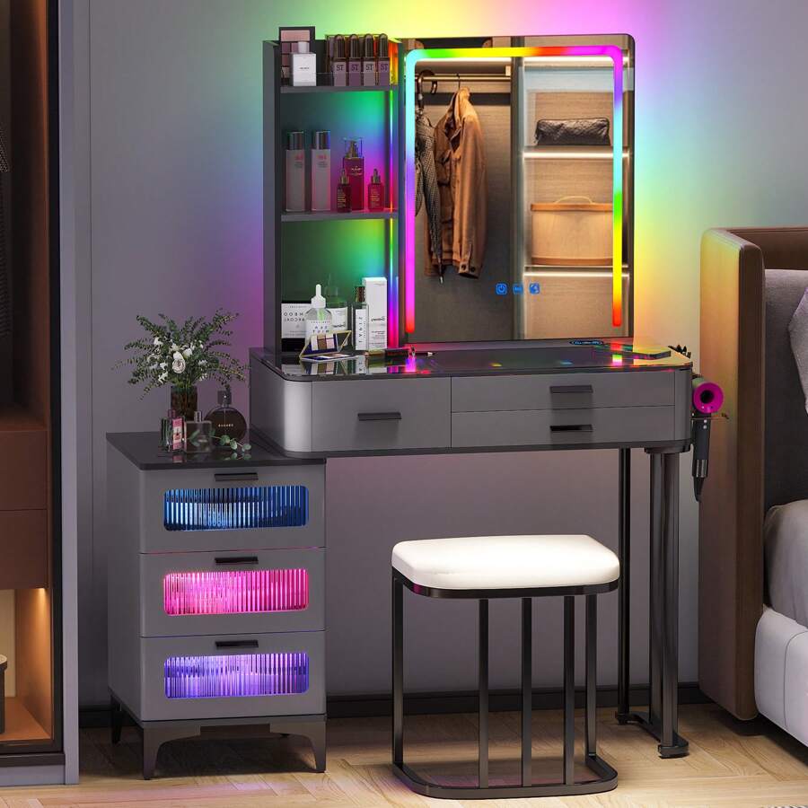 Lvifur Makeup Vanity Table with RGB Lights & Charging Station, Auto Sensor LED Dressing Table with 24 RGB Dimmable Lights, Makeup Desk with Storage Shelves and 6 Drawers