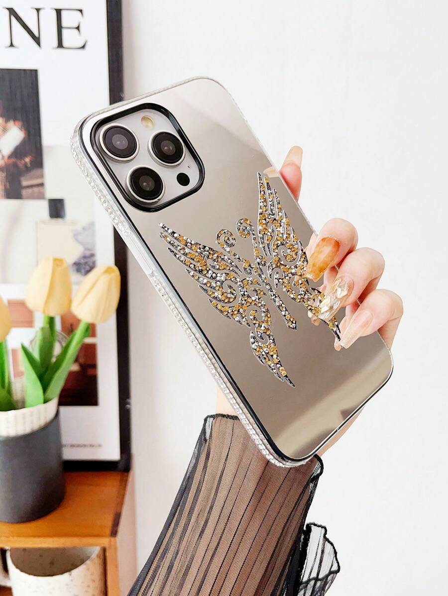 1pc Rhinestone Butterfly Mirror Phone Case Compatible With Iphone 13