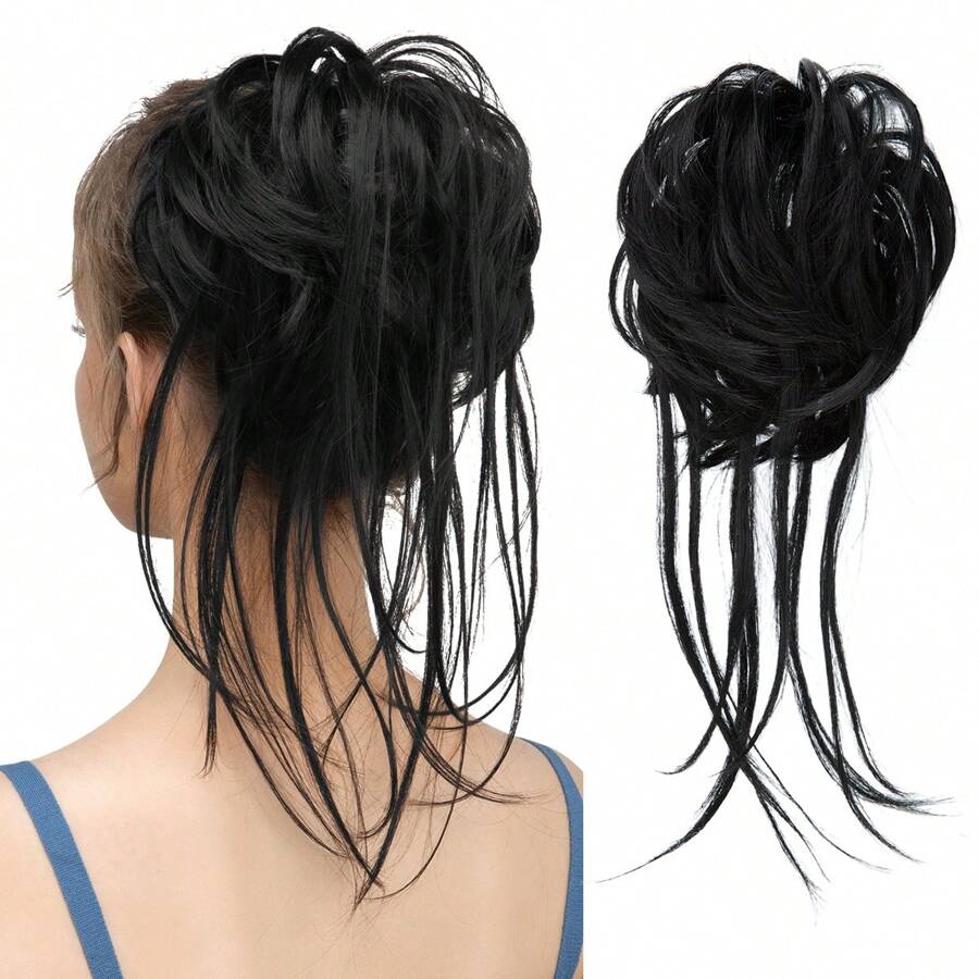 Messy Bun Hair Piece Curly Hair Bun Extensions with Straight Tails Hair Scrunchies Ponytail Hairpieces for Women