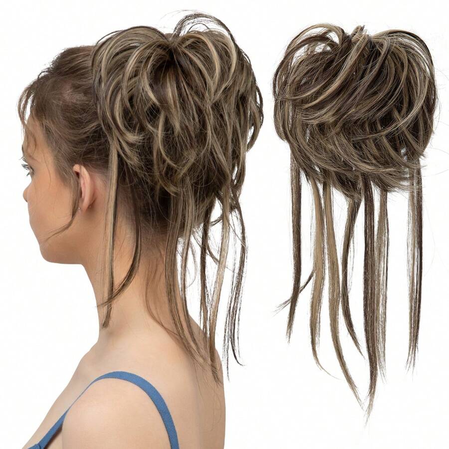 Messy Bun Hair Piece Curly Hair Bun Extensions with Straight Tails Hair Scrunchies Ponytail Hairpieces for Women Ash Blonde
