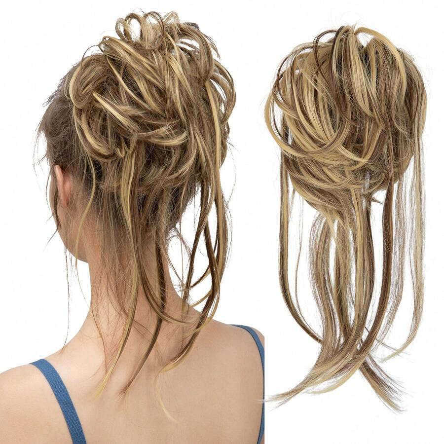 Messy Bun Hair Piece Curly Hair Bun Extensions with Straight Tails Hair Scrunchies Ponytail Hairpieces for Women Honey Blonde