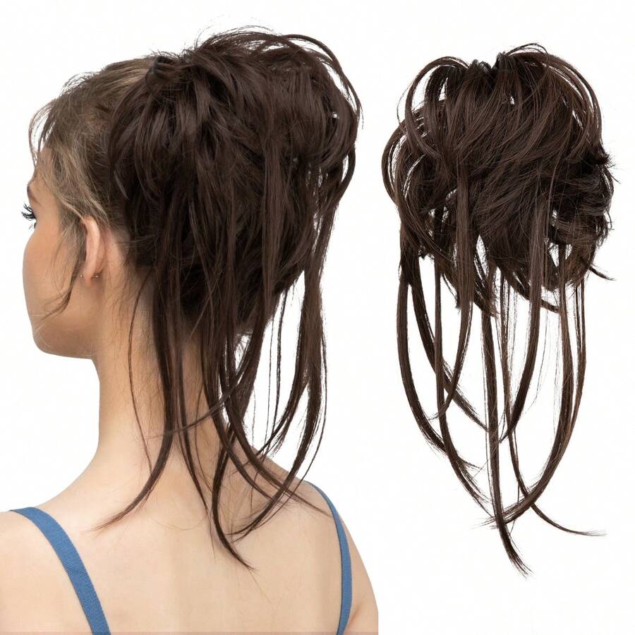 Messy Bun Hair Piece Curly Hair Bun Extensions with Straight Tails Hair Scrunchies Ponytail Hairpieces for Women Dark Brown
