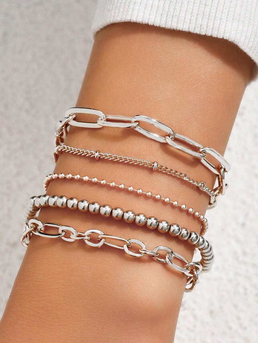 Conjunto de 5 pulseiras de metal minimalistas com corrente e contas vazadas para mulheres (quantidade aleatória de contas)