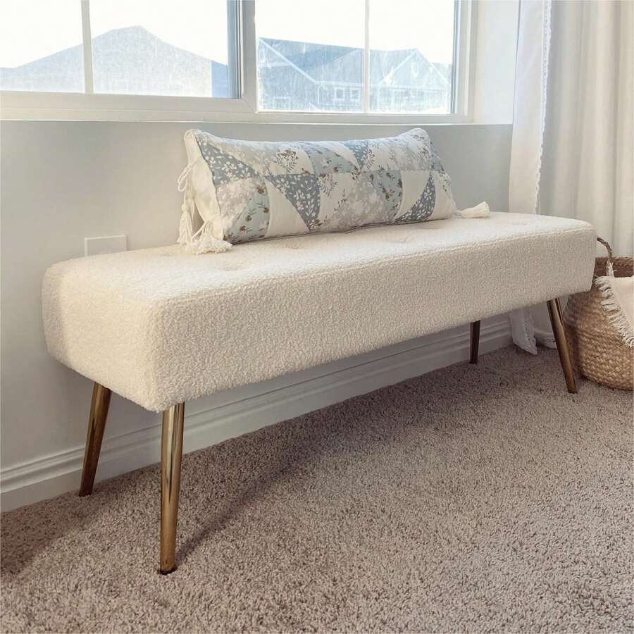 Furnistyle Ivory White Button Tufted Ottoman Bench, Faux Sherpa Fabric Ottoman, End Of Bed Bench Upholstered Entryway Bench Seat, Furry Bench With Solid Metal Legs, Vanity Bench For Makeup Room, Footstool Ottman Bench For Living Room