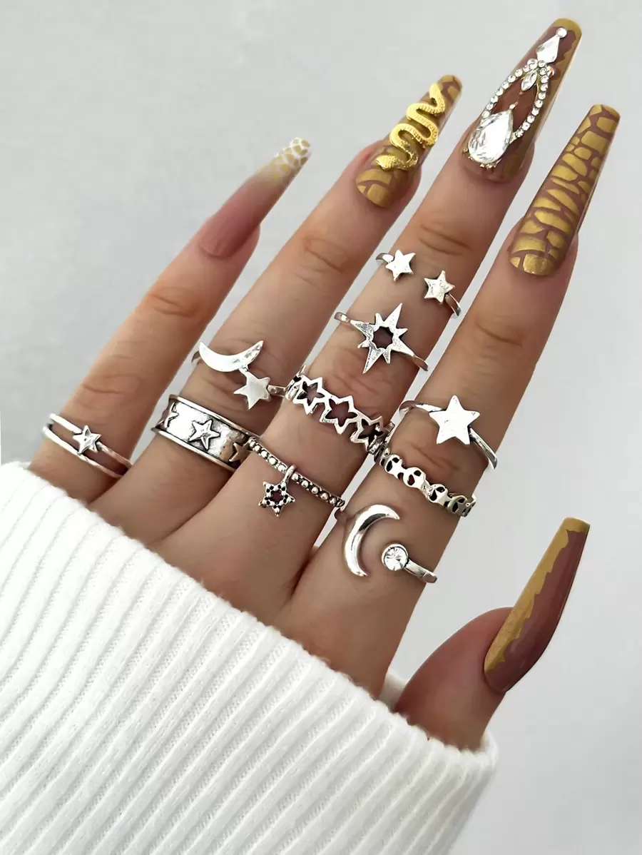 10 piezas Set de anillo estilo bohemio retro estrella y luna & con diseño de diamante de imitación , adecuado para de mujeres uso diario