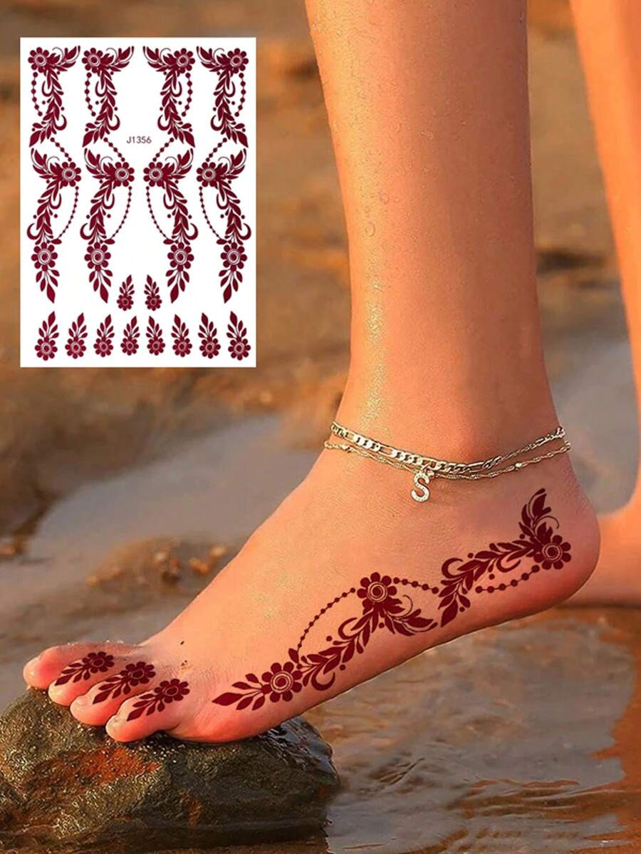 1 Foglio di Tatuaggi temporanei per i piedi con motivo floreale, impermeabile, per donne, tatuaggi finti marroni per mani, ideali per feste, festival e matrimoni
