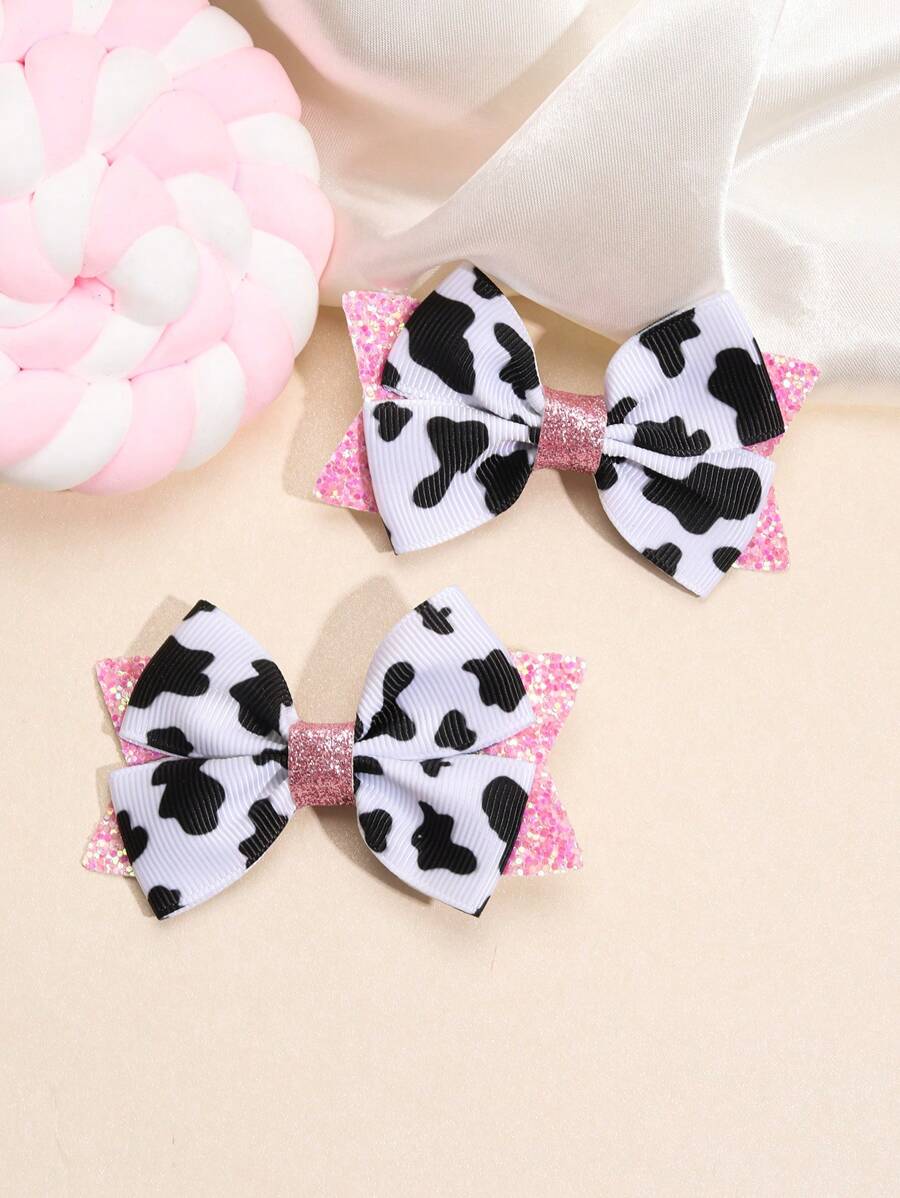 2 Piezas / Paquete Lindo Clips De Cabello En Forma De Lazo Con Patrón De Vaca Negro Y Blanco Para Niños