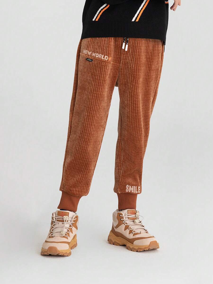 Annil Boys' Knitted Plush Underwear With Thick Corduroy Casual Long Pants Brown
