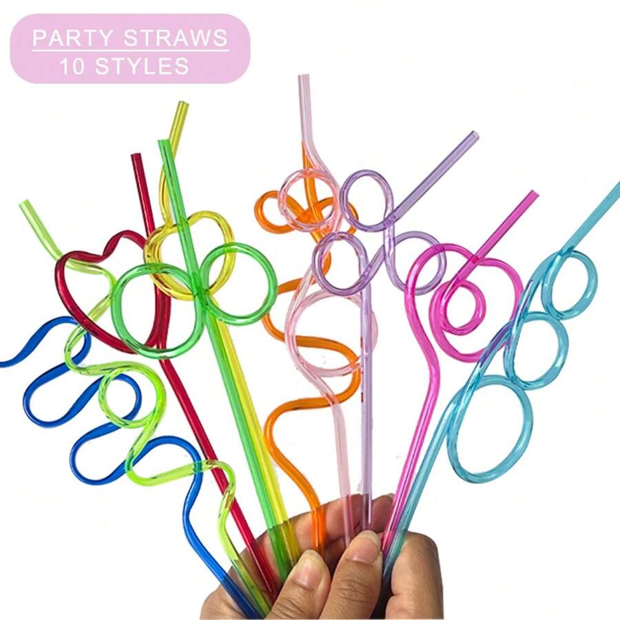 Crazy Unique Plastic Reusable Straws With Different Cute Design And Cleaning Brush,Decoration Party Hard Drinking Tube,Wash By Hands And Can Be Reused,Not Suitable High Temperature Or Dishwash .