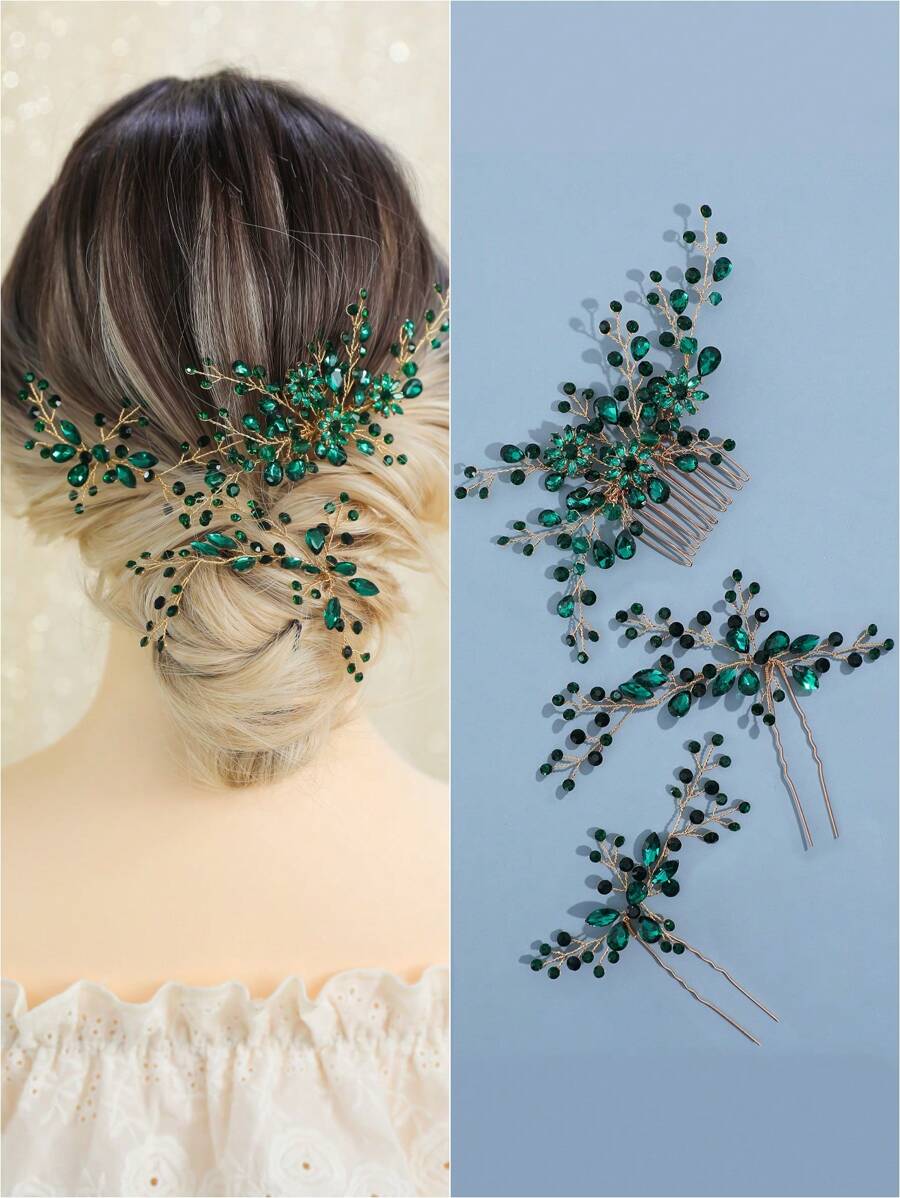 3pcs Women's Hollow Out Green Rhinestone Crystal Flower & Leaf Bridal Hair Comb & Hairpin & Headband Royal