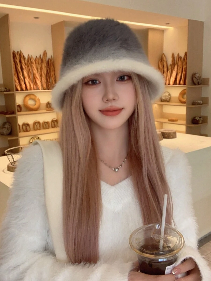 LEAJOURNO. 1pc Face-Shaping Fluffy Bucket Hat For Women, Autumn Winter Warm Head Wrap Beret Bucket Hat, Daily Wear Elegant