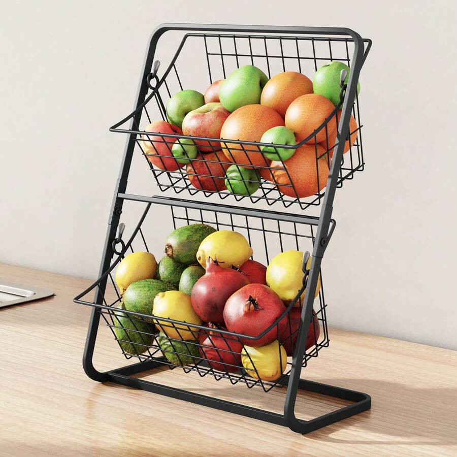 Kitchen Vegetable Storage Rack, Black Multi-layer Desktop Vegetable Holder, Household Fruit & Vegetable Basket With Slot Storage Rack