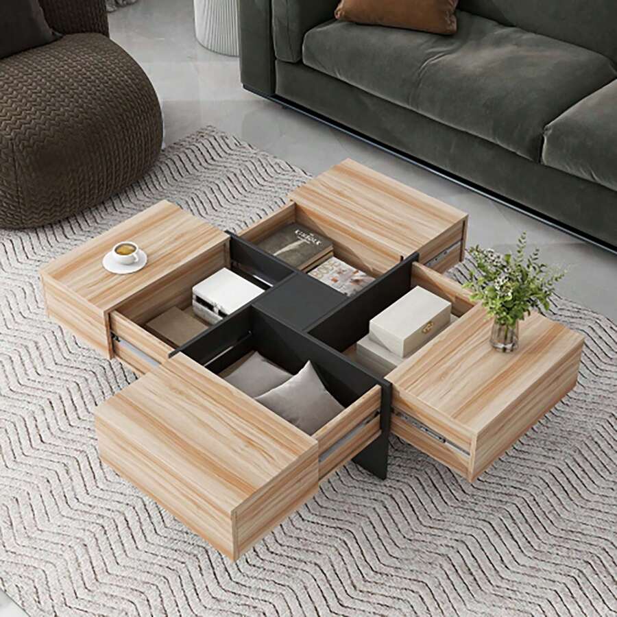 Unique Design Coffee Table with 4 Hidden Storage Compartments, Square Cocktail Table with Extendable Sliding Tabletop, UV High-gloss Design Center Table for Living Room, 31.5"x 31.5"