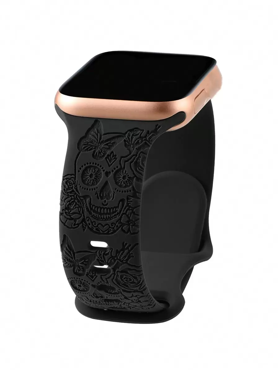 1pc Men's And Women's Black Waterproof Sports Christmas Skull Engraved Pattern Silicone Apple Watch Band Compatible With Apple Watch 38mm 40mm 41mm 42mm 44mm 45mm 49mm Soft Sport Strap Replacement WristBand Compatible With Apple Watch Series 9 8 7 6 5 4 3 2 1 SE Ultra 2