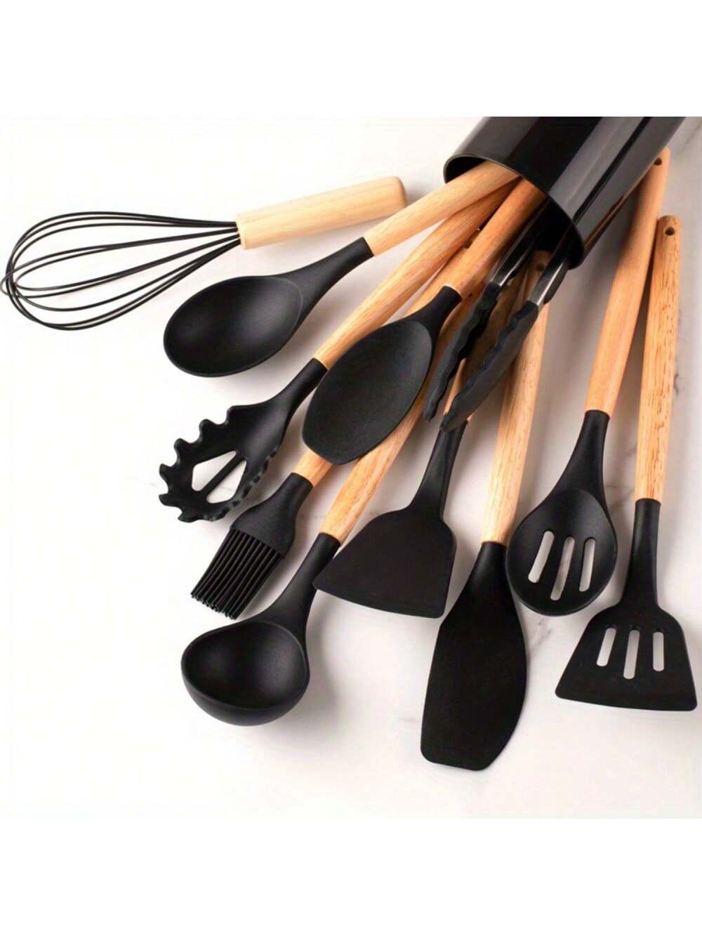 12pcs, Silicone Utensil Set, Khaki Kitchen Utensil Set With Wooden Handle, Safety Cooking