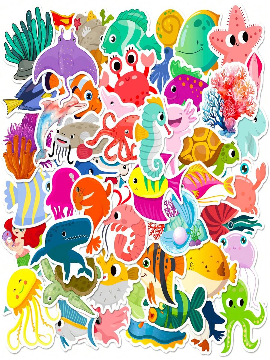 50pcs/Pack Ocean Animal Cartoon Stickers For Children,Featuring Dolphins,Sharks,And Other Marine Creatures,Suitable For Festival Gifts Decoration Of Luggage,Phone,Water Bottle,Computer,Car,And Stationery.,Stickers,Kids Stickers,Stickers Kids,Wall Stickers For Girls,Beach Sticker,Aquarium Stickers
