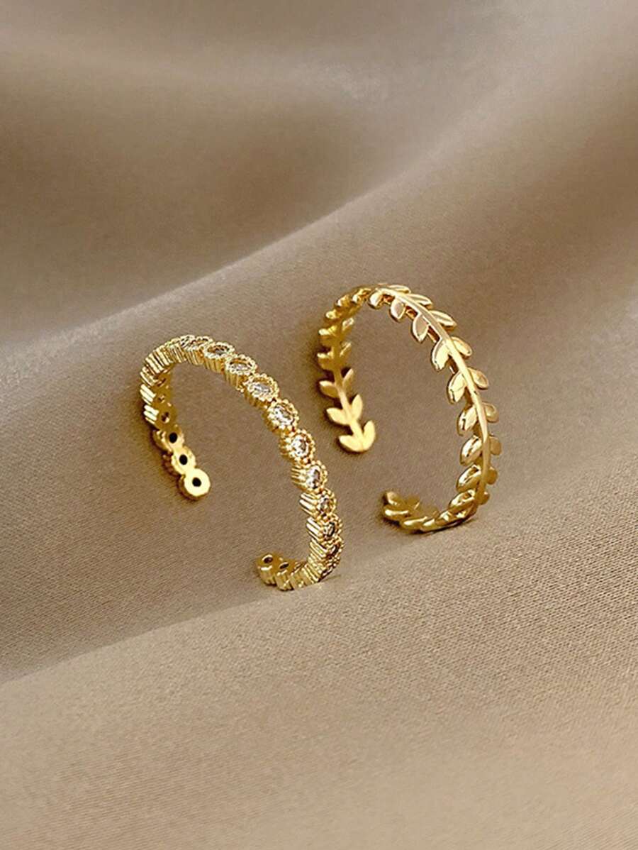 2 stuks Europese en Amerikaanse minimalistische veelzijdige ontwerp luxe zirkonia stenen blad tarwe decoratie ringset, chique gevoel