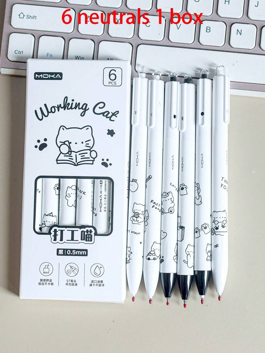 MOKA 6pcs/Box Cute Cat Designed Press Type Ballpoint Pen, Black 0.5mm Ink, Suitable For Students And Office, 1 Box Back To School