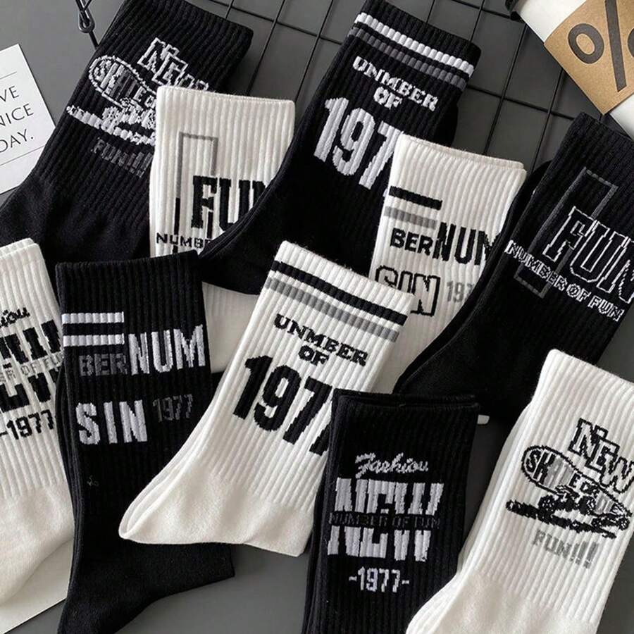 5pairs Men's Mid-calf Black Socks, Suitable For Autumn And Winter, Sailors Socks, Deodorant, Versatile, American Sports Letter Design, High Tube Socks For Boys, Ins Style, All-season Wear