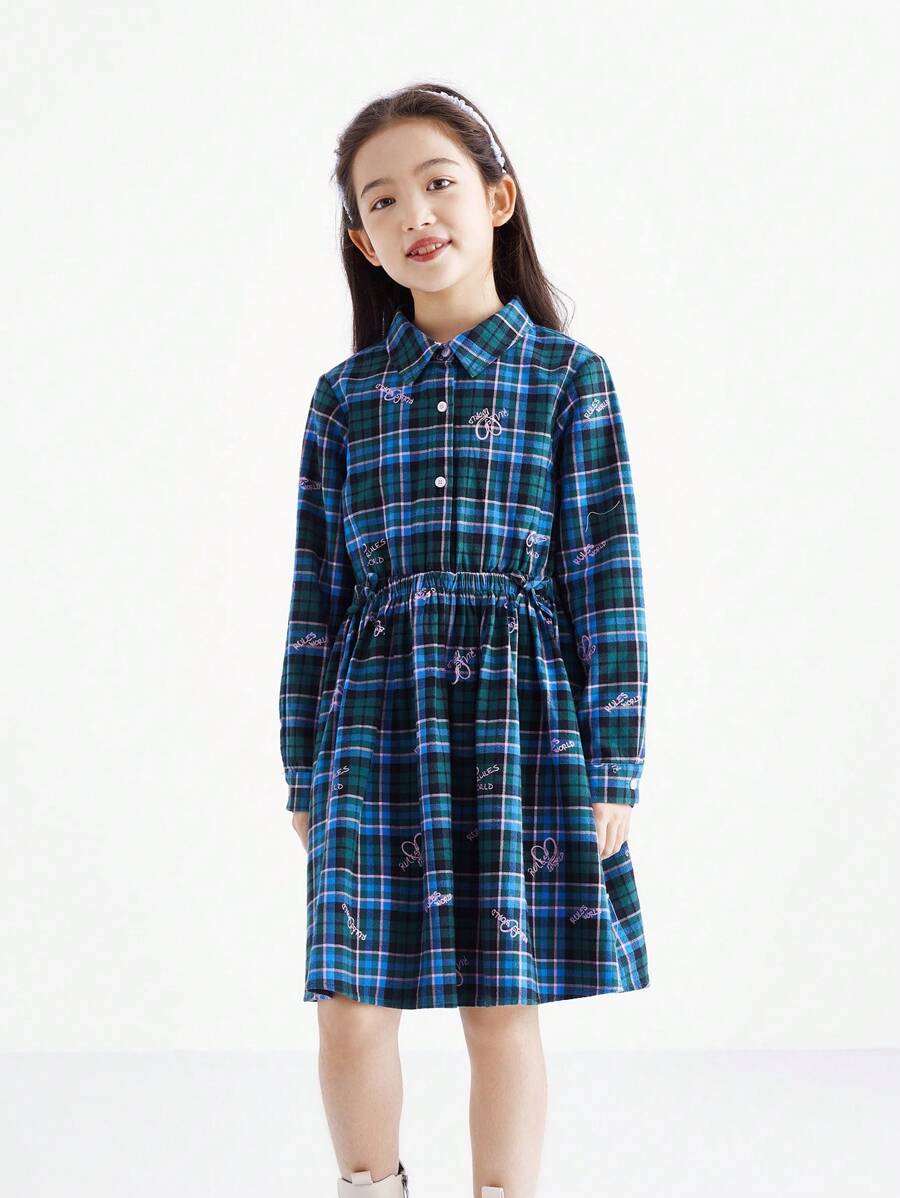 Annil Tween Girls Fashion Fresh Plaid Long Sleeve Dress Green