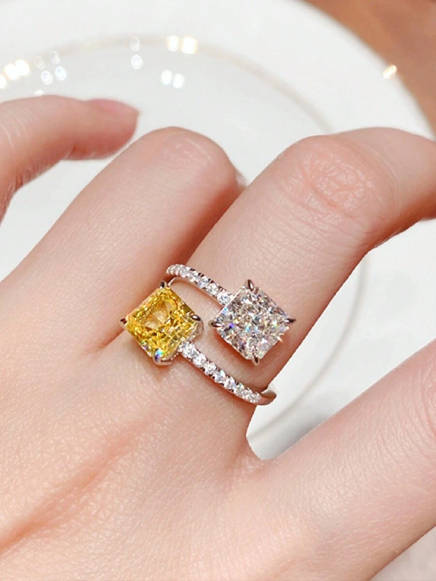 1 Peça Anel Quadrado De Zircônia Cúbica Bicolor, Anel Feminino De Charme Fashion, Tamanho Do Anel Ajustável, Joias De Luxo Personalizadas