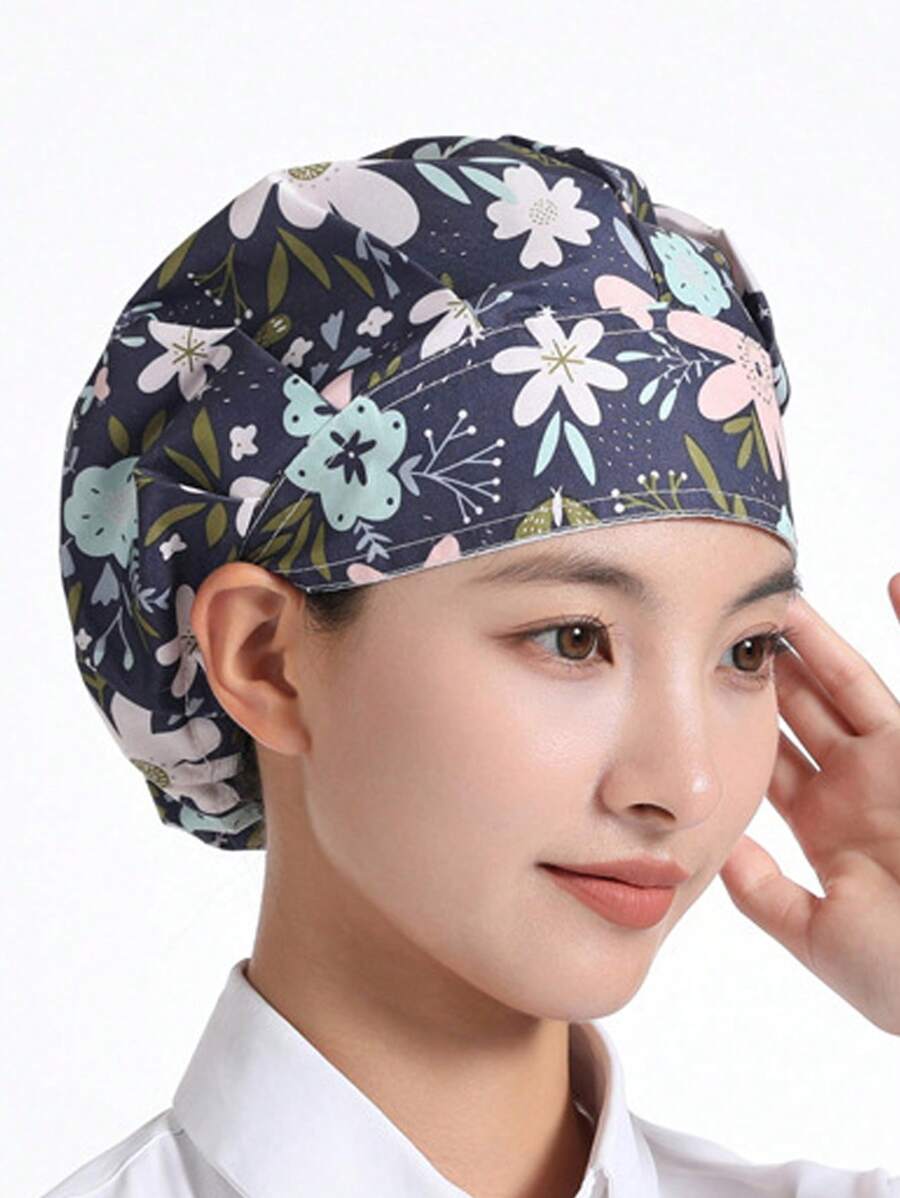 1PC Women Blue Cooking Beanie Uniform Adjustable Breathable Restaurant Kitchen Chef Hats Scrub Pattern Nurse caps Surgical Hospital Medical Uniform Printed Washable Hat
