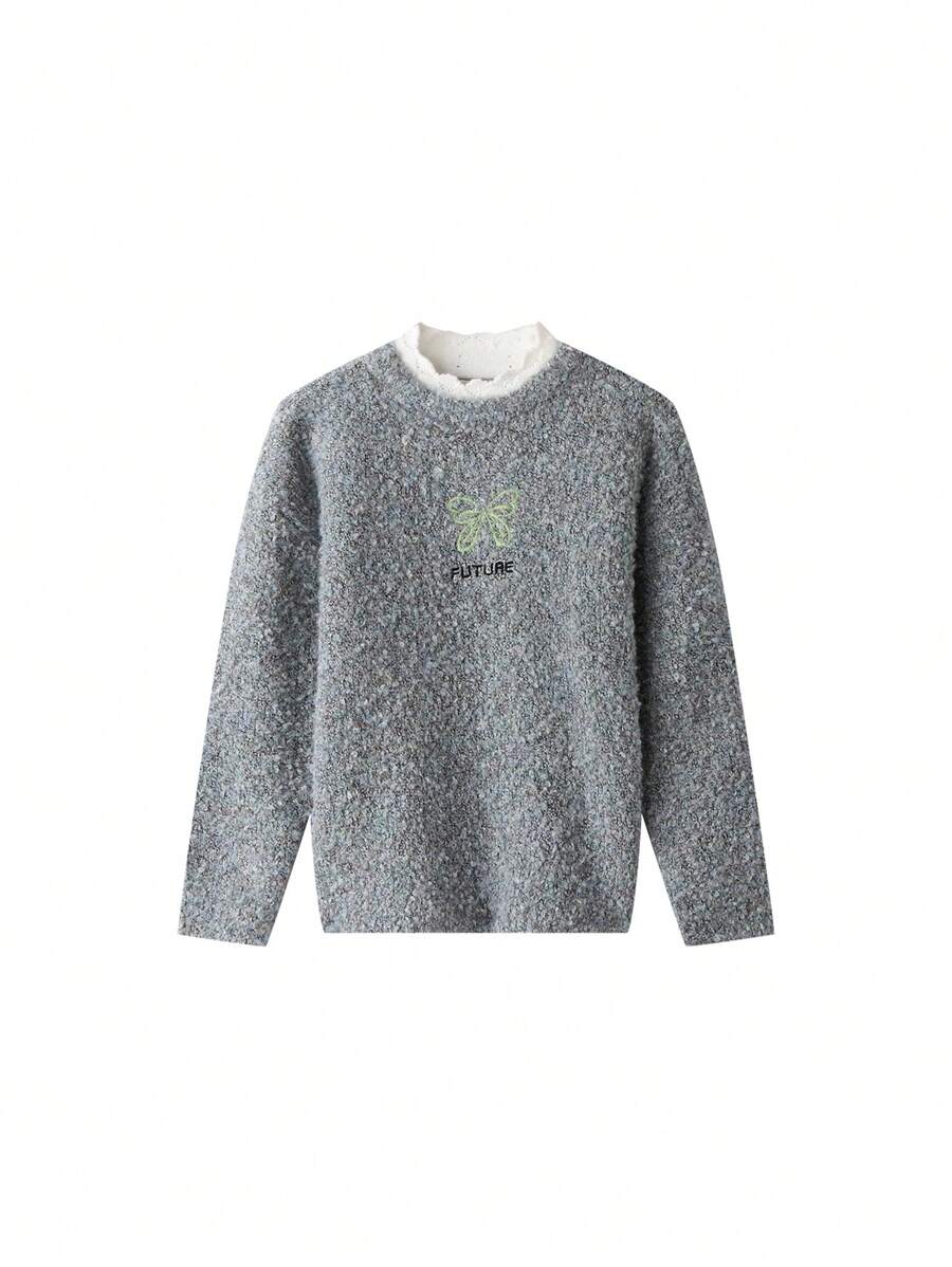 Annil Jersey de cuello alto redondo azul para niña con Bottom cálida