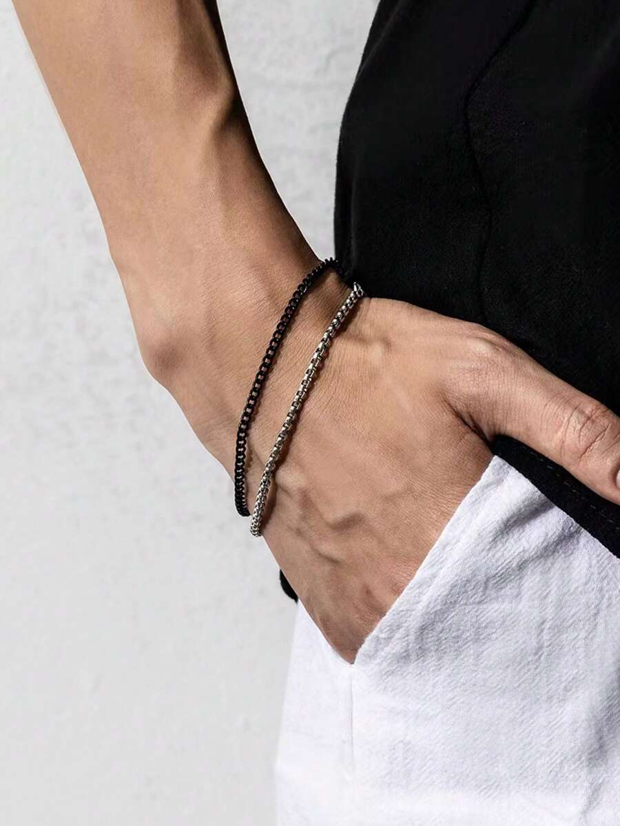 1 pièce Set de bracelets de chaîne à double couche mode, couleur argent et noire, adapté pour les hommes à porter lors de fêtes et de rassemblements