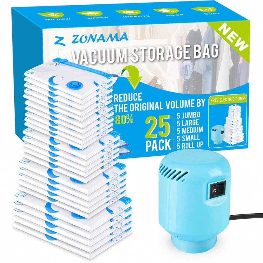 25 pc Various models of vacuum storage bags(5 Jumbo, 5 Large, 5 Medium, 5 Small, 5 Roll Up Bags), available for clothing, bedding, comfort items, travel, moving, saving you 80% of space, equipped with electric air pump, blue and white