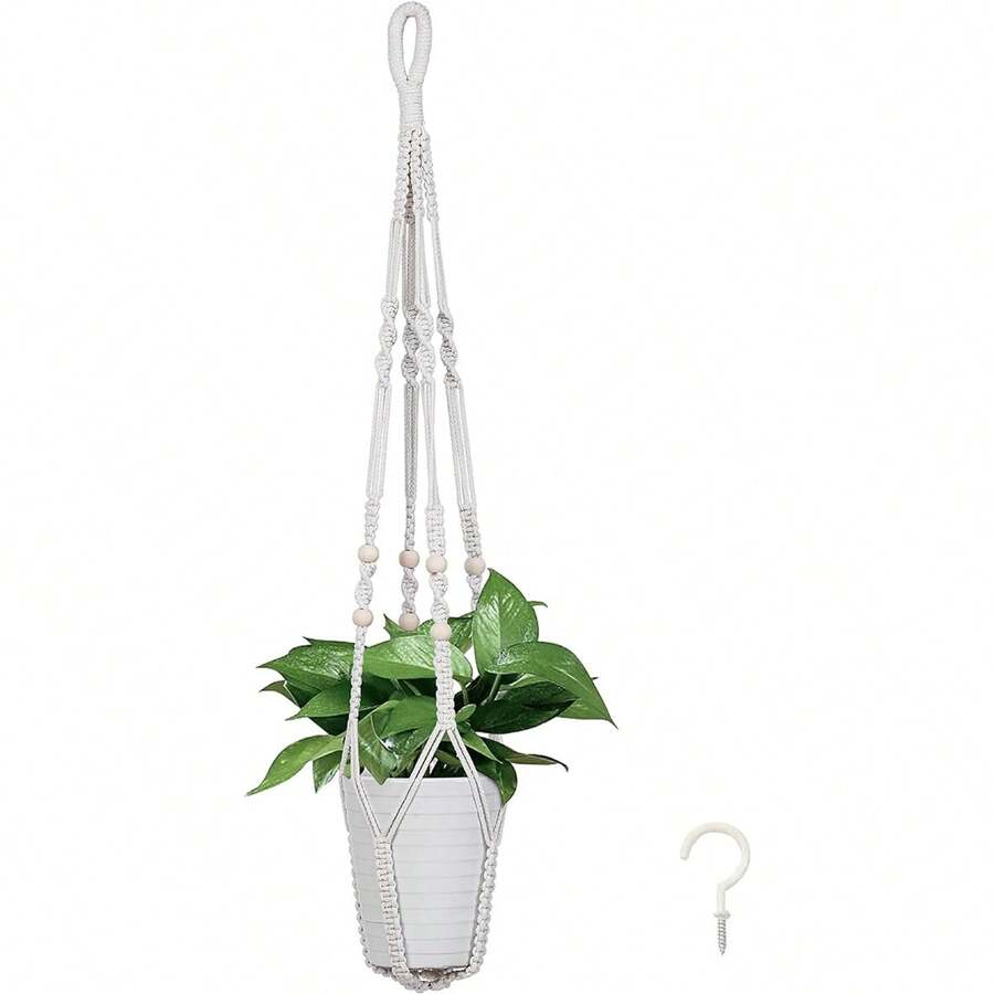 VIVOSUN 1-Pack Macrame Plant Hanger With Hook 4 Legs Cotton Rope Hanging Plant Holder For Indoor And Outdoor Decor, White