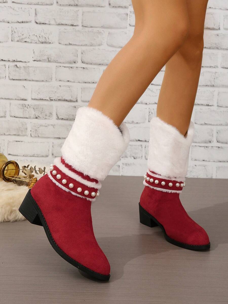 Women's Christmas Red & White Plush Collar & Pearl Decor Pointed Toe Chunky & Medium Heel Fashion Party Red Mid-calf Boots