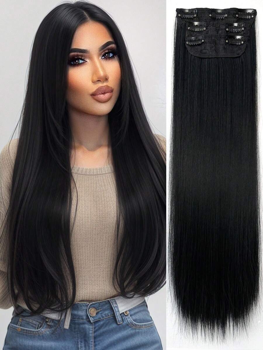 Extension Clip Per Capelli Per Donne Di 24 Pollici Di Lunghezza Con Ciocche Di Capelli Neri Lunghi E Dritti, Extension Di Capelli Sintetici Per La Testa Intera (3 Pezzi, Nero)
