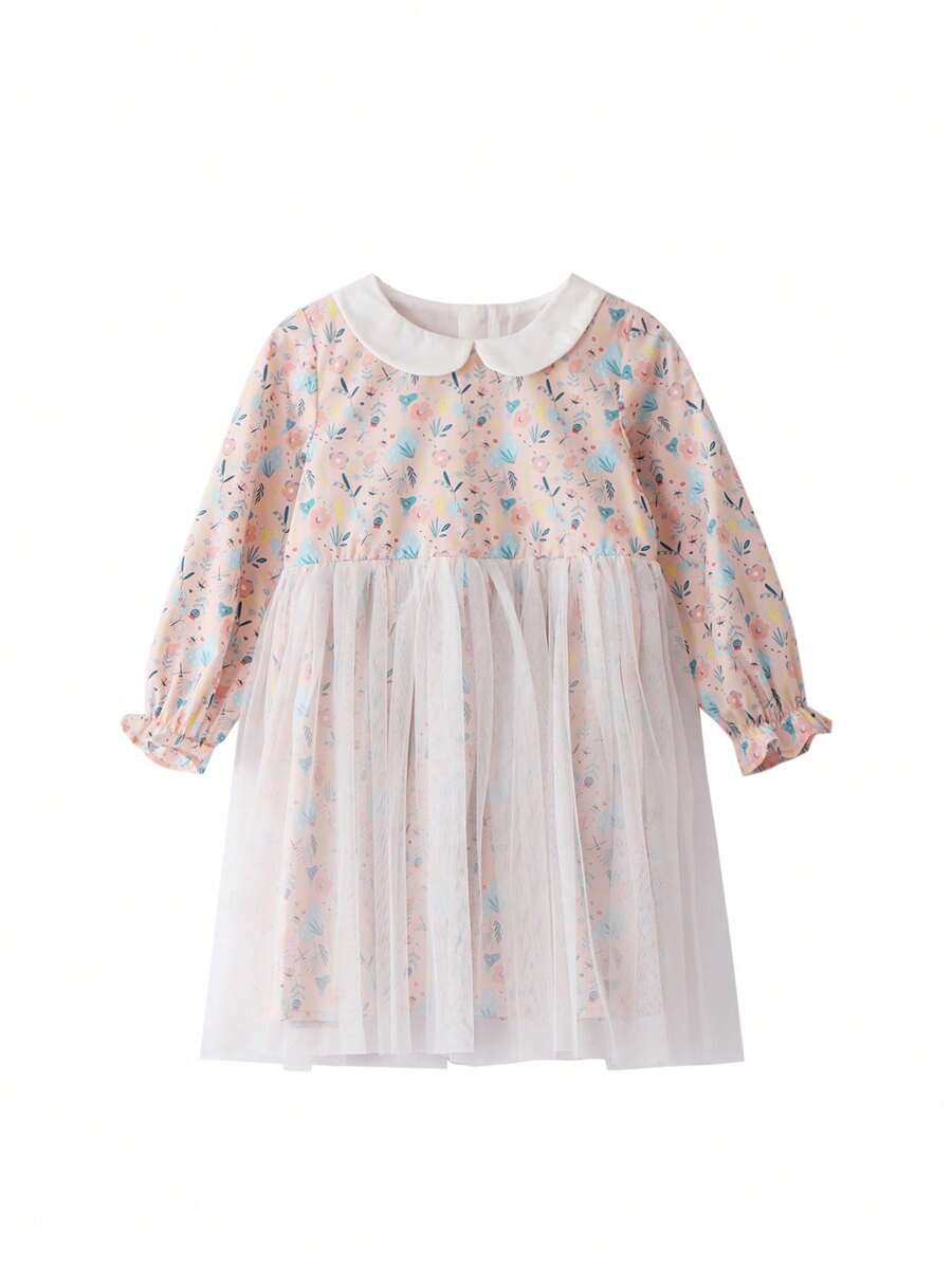 Annil Kids Dresses Spring And Autumn Mesh Splice Fragmented Cotton Polo Neck Long Sleeve Young Girls Dresses Pink
