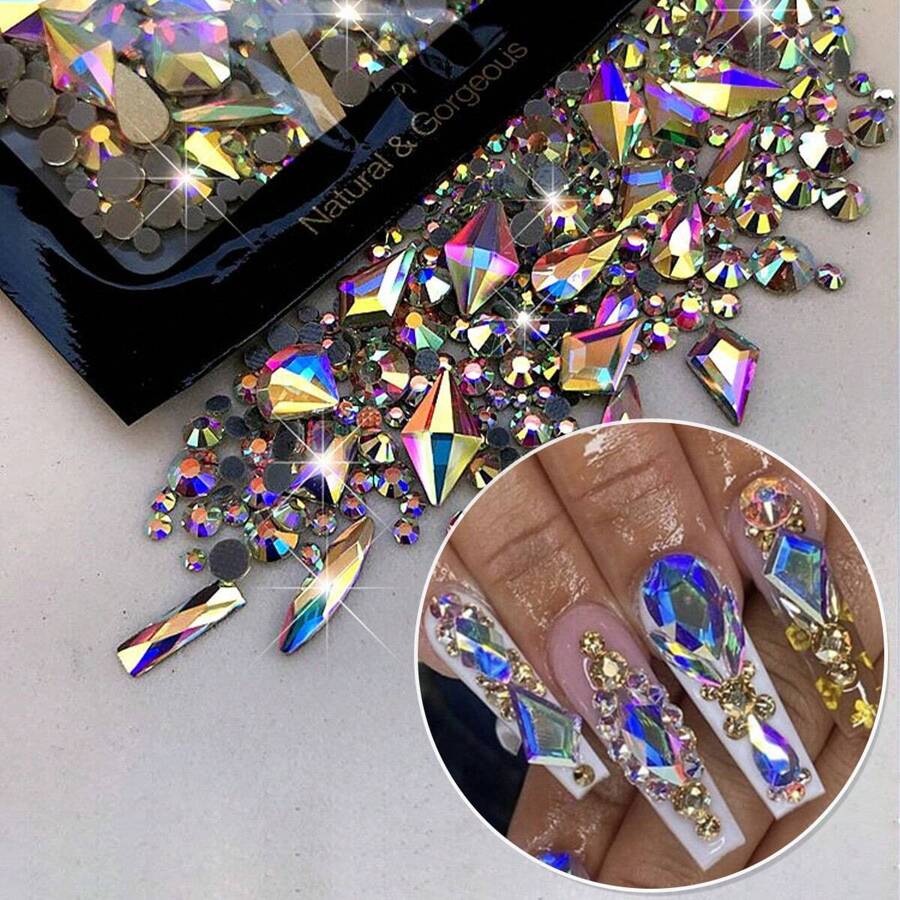 150 peças Strass Redondos Flatback Mais 20 peças Strass Grandes Flatback de Formato Irregular em Zircônia Cúbica Preta e Azul, Encantos de Unhas DIY, Pedras de Unhas, Suprimentos de Unhas