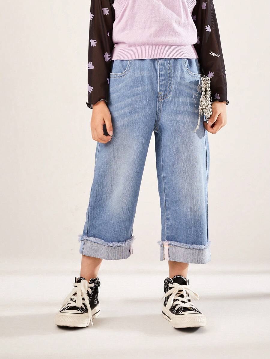 Annil Girls' Spring And Autumn Versatile Cotton Denim Pants Blue