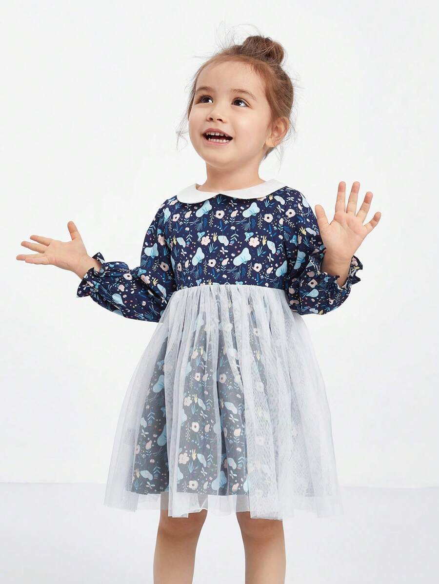 Annil Mädchen Kleider Frühling und Herbst Netzspleiß Baumwoll-Polokragen Langarmkleid für Kleine Mädchen in Blau