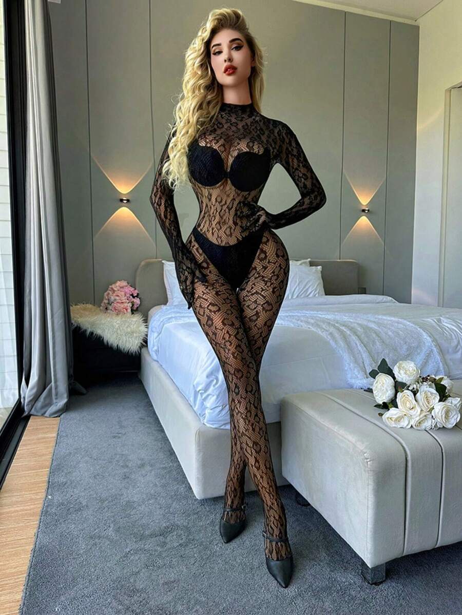 1pc Black Sexy Lingerie Long Sleeve Bodystocking With Crotchless Perspecitive Fishnet Bodysuit