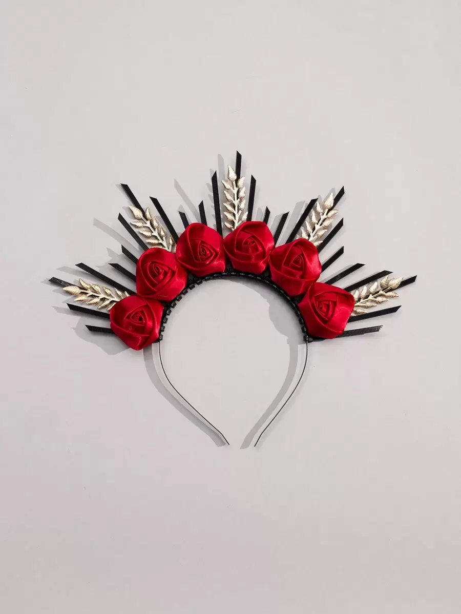 Black Dark Red Burgundy Roses Gold Leaf Silk Artificial Flowers Crown For Wedding Bridesmaids, Halloween Floral Halo Crown, Gothic Wedding Tiara For Bride, Costume Headpiece For Birthday Cosplay Party Celebration, Day Of The Dead Vintage Street Valentine's Day Valentines