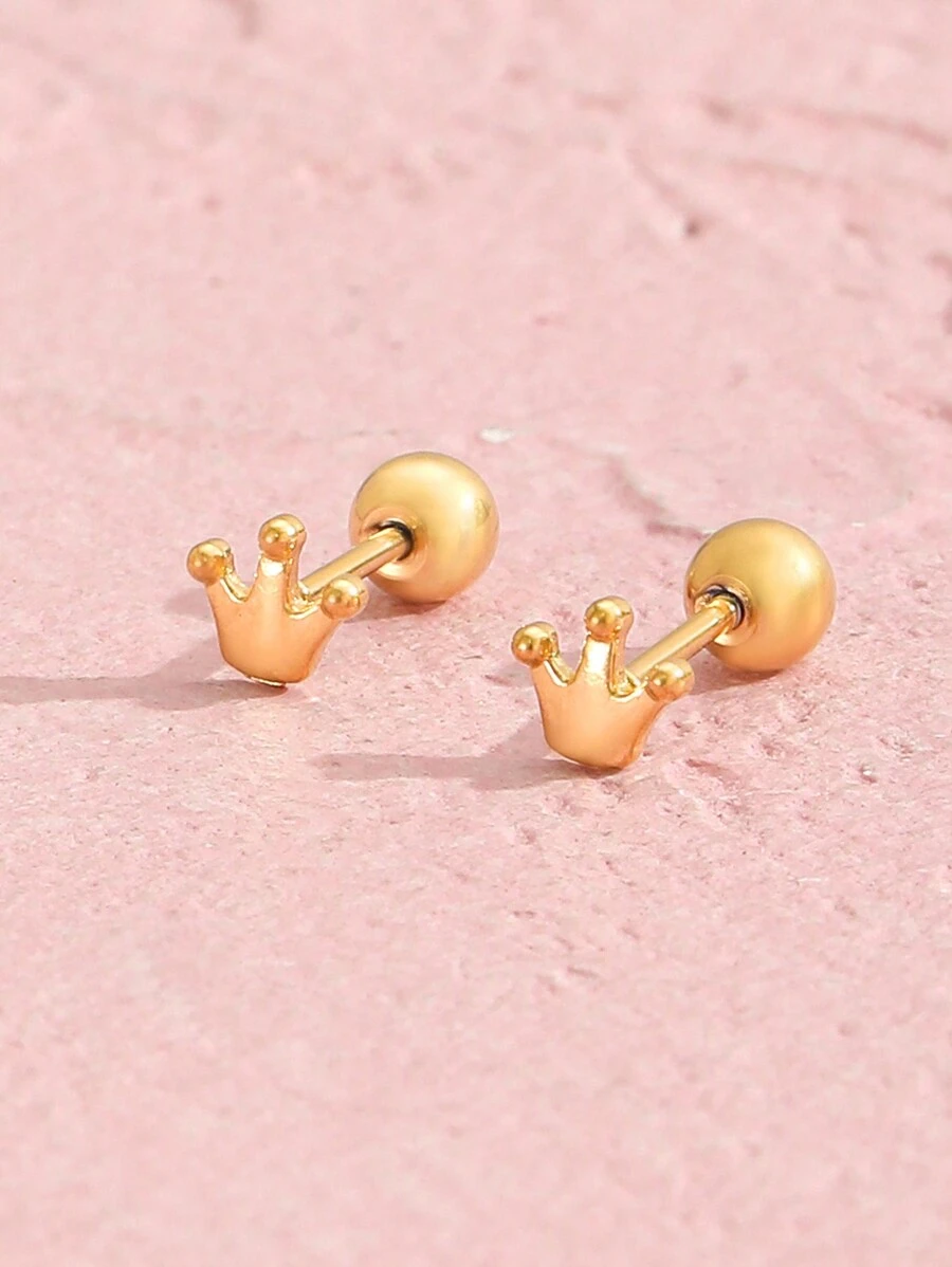 1 Par de pequeños y delicados aretes de botón con diseño de corona de acero inoxidable lindo para niñas, joyería decorativa de moda diaria