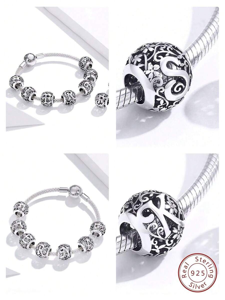 1 Stück Elegant S925 Sterling Silber Rund Buchstabe Design, A Zu Z Anhänger, Perle, Für Frauen Fit Armbänder Armreifen DIY Schmuckherstellung Date Geschenk fein Damen Schmuck