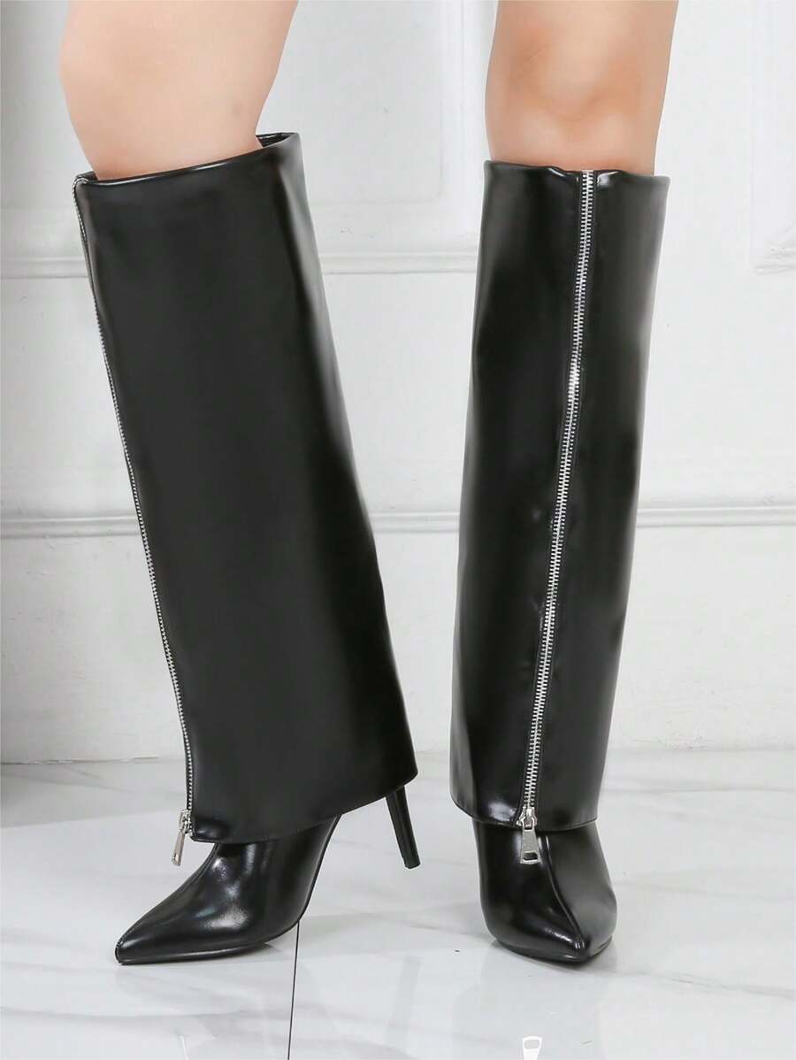 OMS European & American Fashion Thigh High Boots, Pointed Toe Slim Heel Long Boots, British Style Trouser Leg Boots