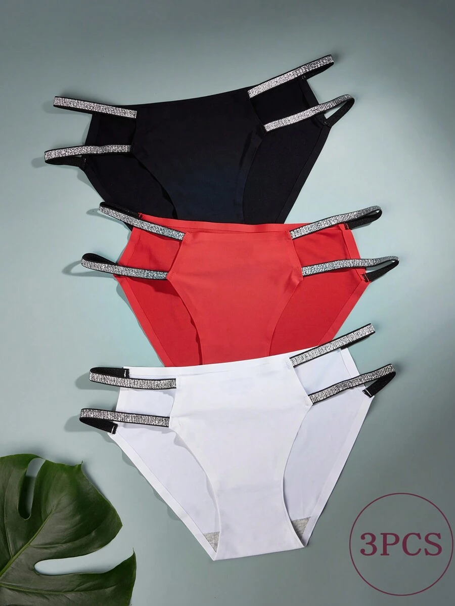 3 Piezas/set Bragas De Triangulo Con Banda Tejida Brillante Para Mujer De Tiro Bajo