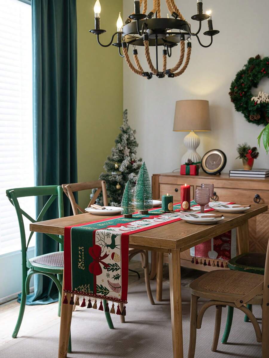 1pc Embossed Christmas Table Runner With Bowknot Decoration