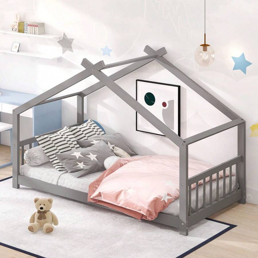 Twin Size Wood Tent Bed House Bed Frame with Slat, Floor Bed, Nursery Furniture, Kids Tent Bed, Play Tent, No Box Spring Needed